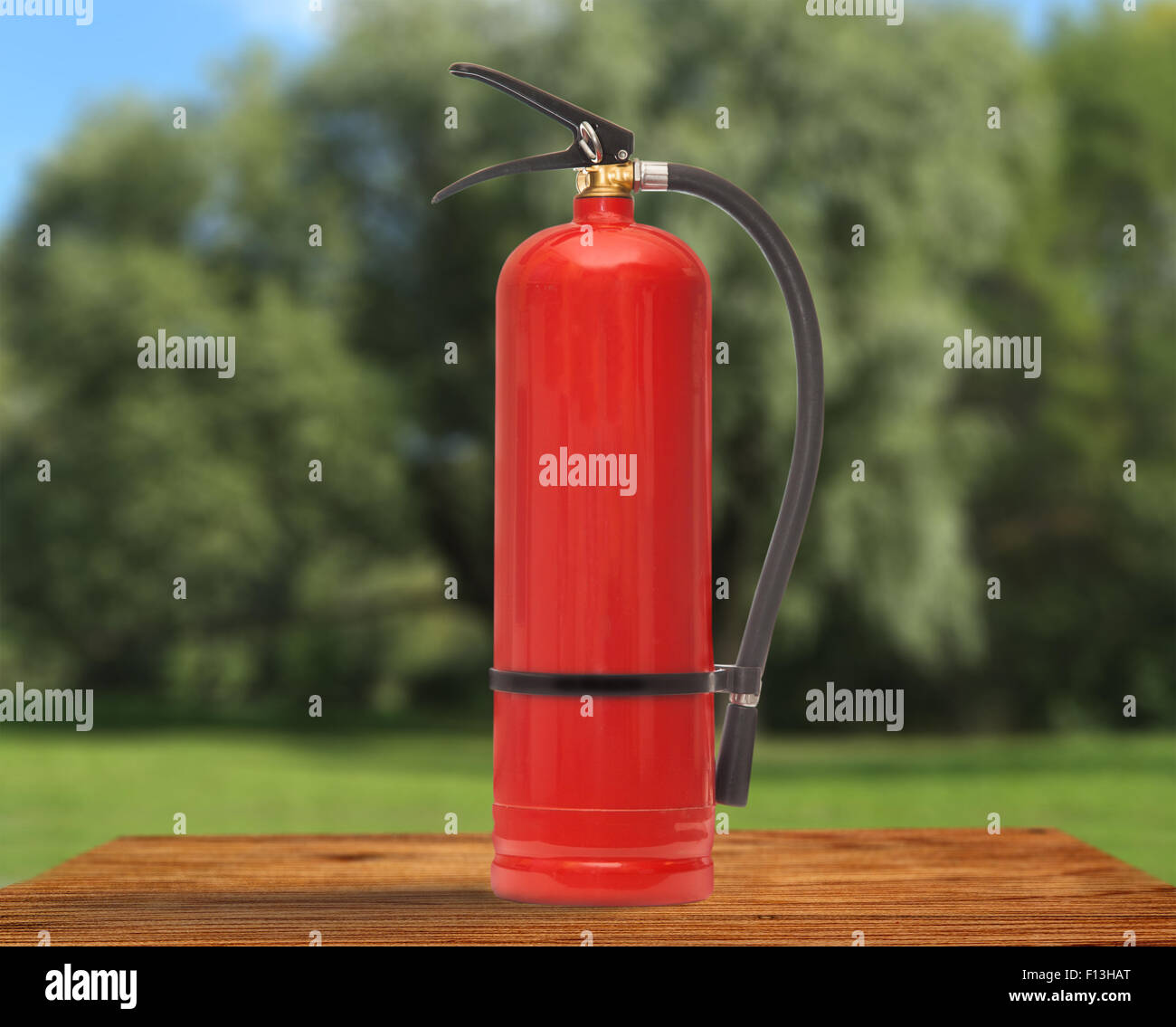 New blank red fire extinguisher in closeup Stock Photo