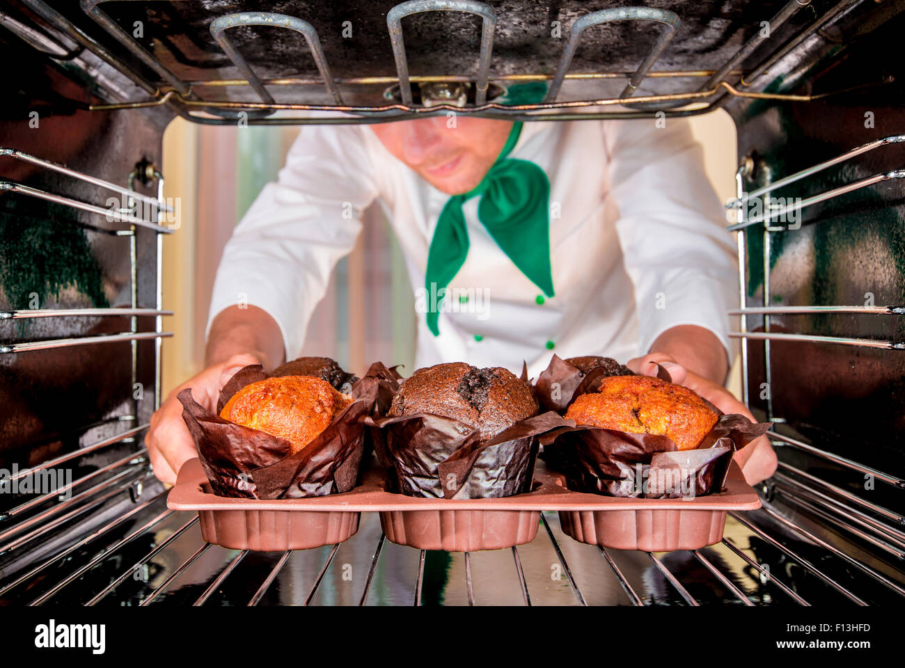 Baking muffins in the oven, view from the inside of the oven. Cooking in the oven Stock Photo