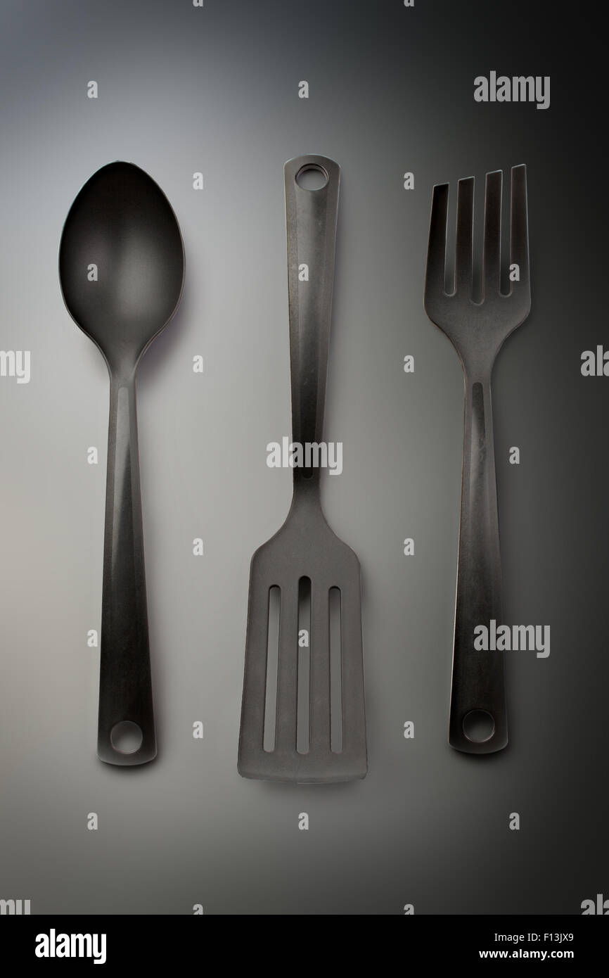 Kitchen utensil collection of spoon, spatula and fork Stock Photo