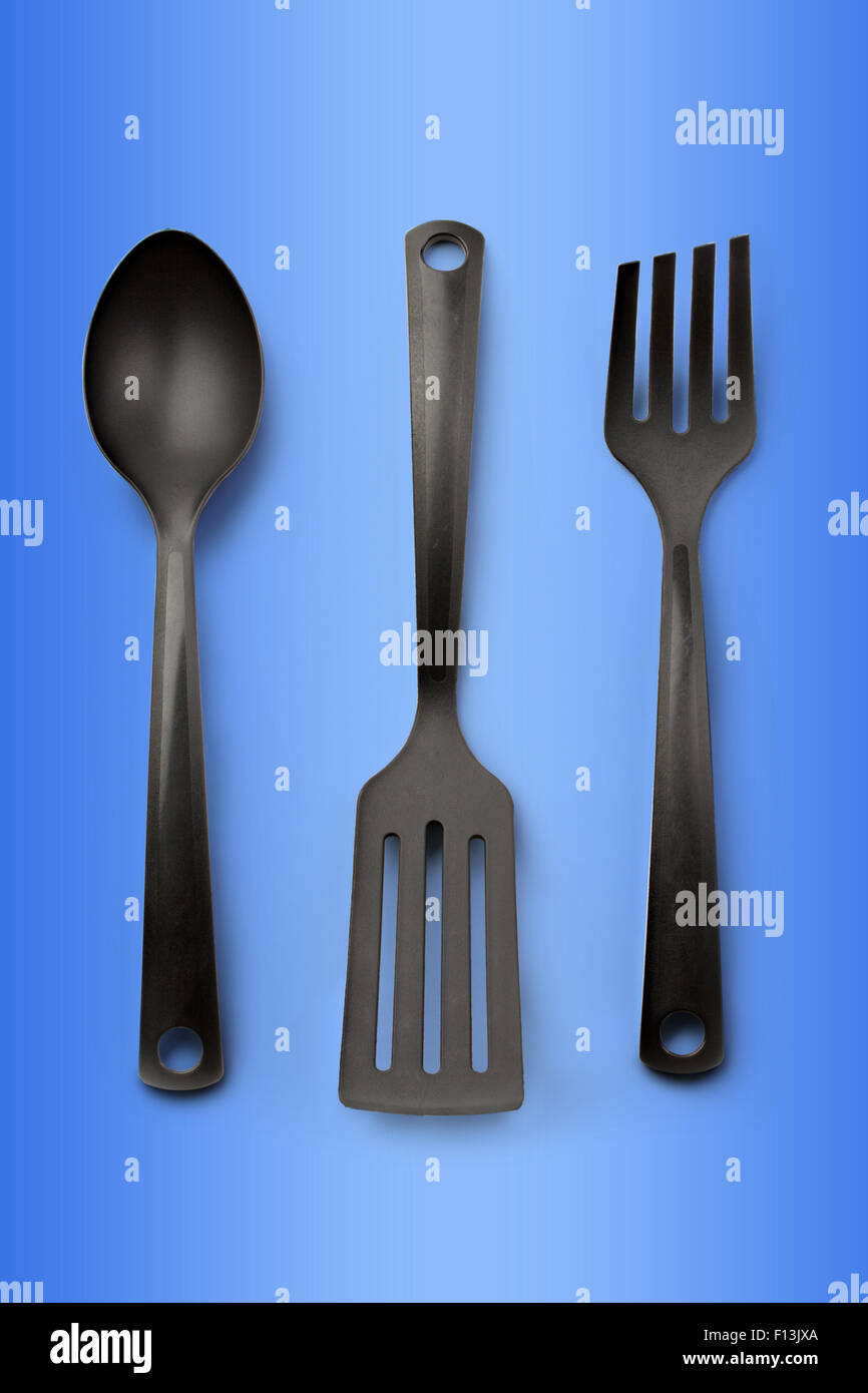 Kitchen utensil collection of spoon, spatula and fork Stock Photo