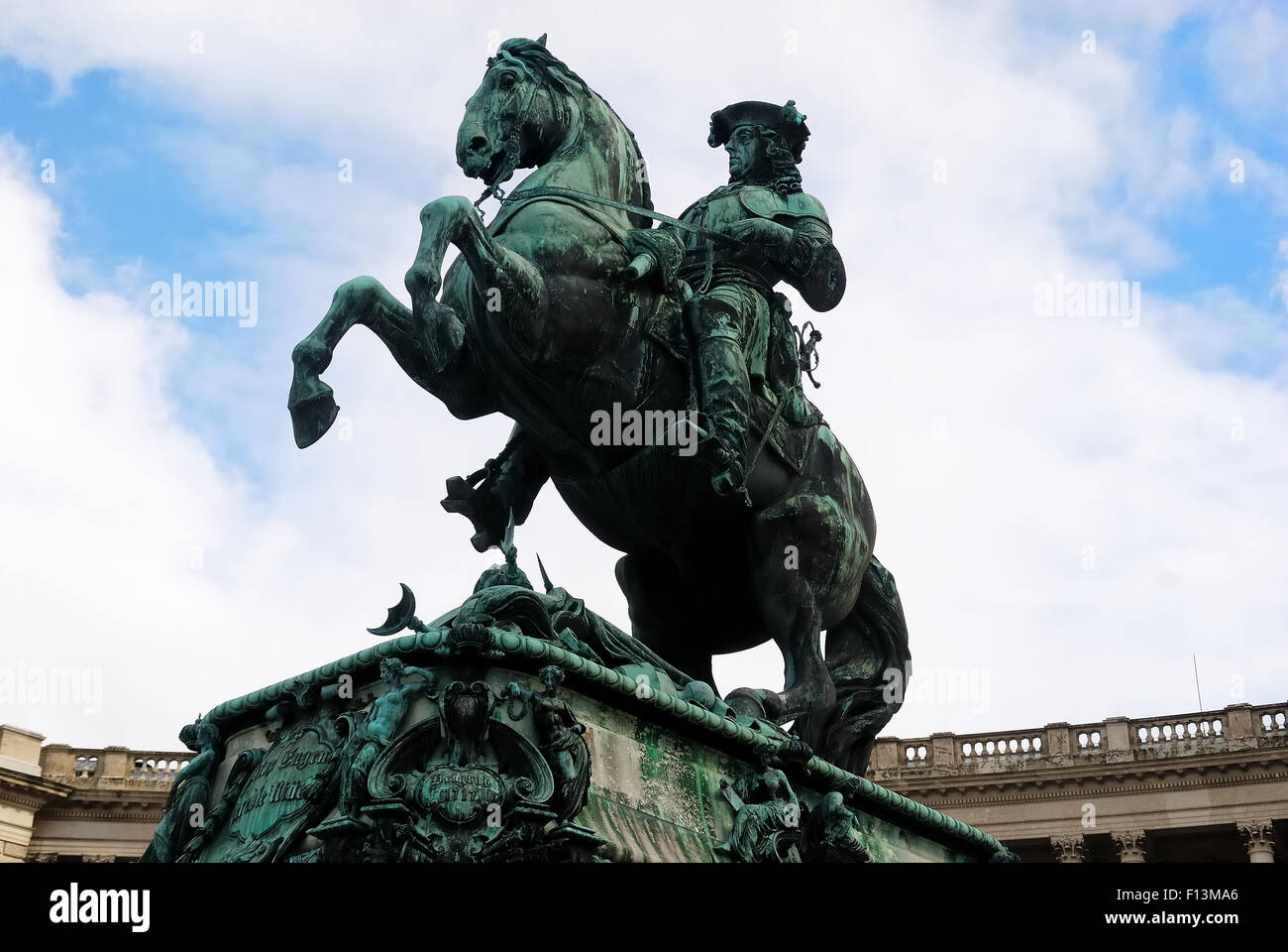 Prince Eugen equestrian statue, Hofburg Imperial Palace, Heldenplatz Heroes Square, Vienna.The Hofburg Palace in Vienna has been the home to ruling families and elected leaders of this country since 1279. Currently, Austria’s president resides in this massive complex of “wings,” which includes the National Library, the Imperial Treasury and the Spanish Riding School. Construction of the palace stretched from the 13th to the 20th centuries, making it one of the most architecturally diverse buildings in Europe. Stock Photo