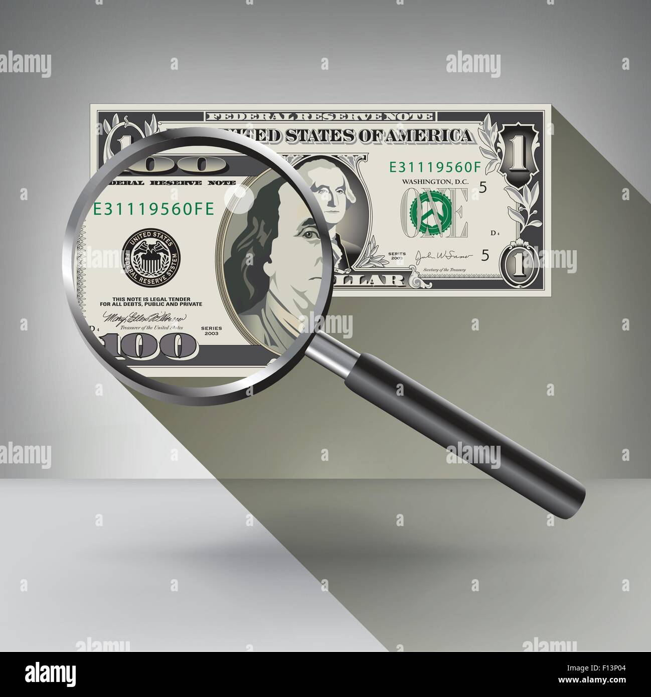 A Dollar Becomes a Hundred Upon Closer Inspection  for print or web Stock Vector
