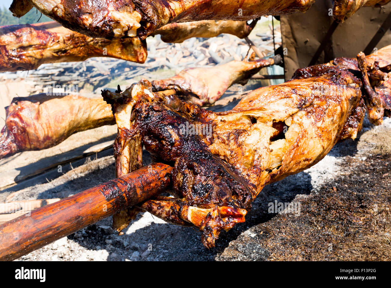 Bulgarian barbecue is a tradition of roasting meat over an open fire, prepared in a special way. Most often the barbecue is prep Stock Photo