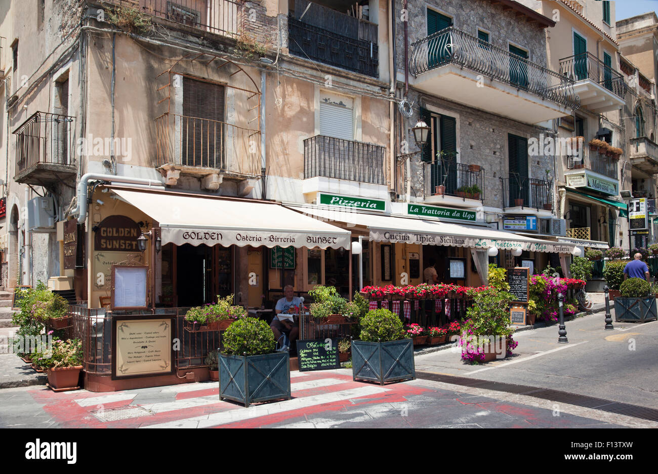 Golden Sunset Osteria Birreria Restaurant, Taormina, Sicily, Italy Stock Photo