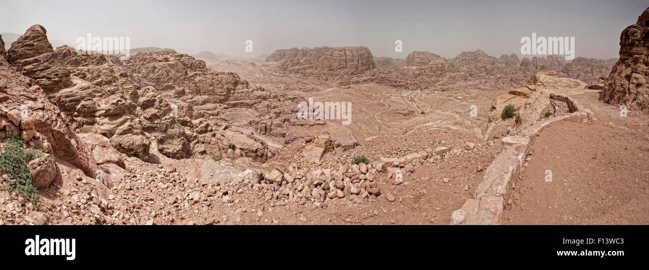 Panorama of Petra shot from the Jabal al Khubtha vantage showing the Roman theatre, High Place of sacrifice & the main temples Stock Photo