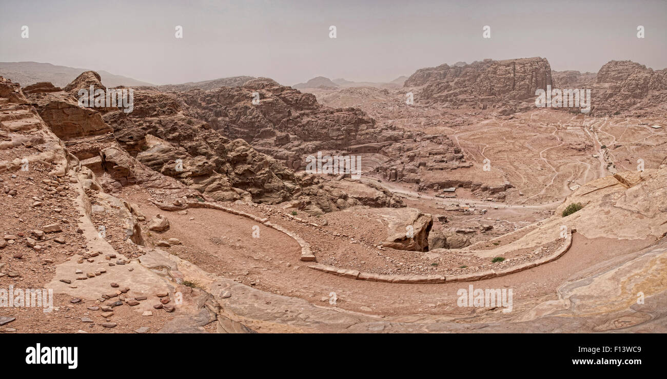 Panorama of Petra shot from the Jabal al Khubtha vantage showing the Roman theatre, High Place of sacrifice & the main temples Stock Photo