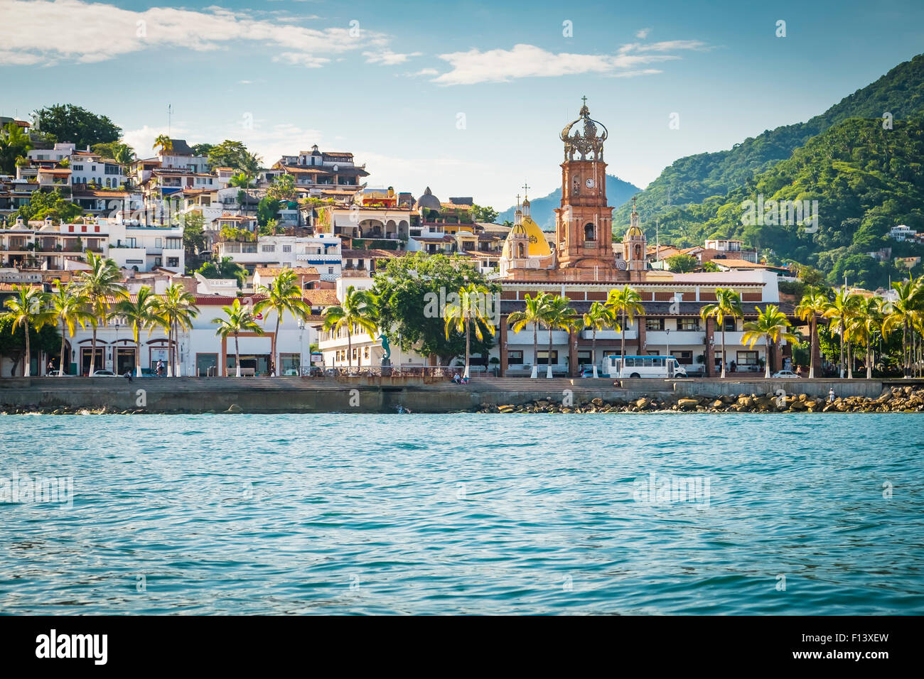 Colonia El Centro with church tower, Banderas Bay Coast Line, Puerto Vallarta, Mexico Stock Photo