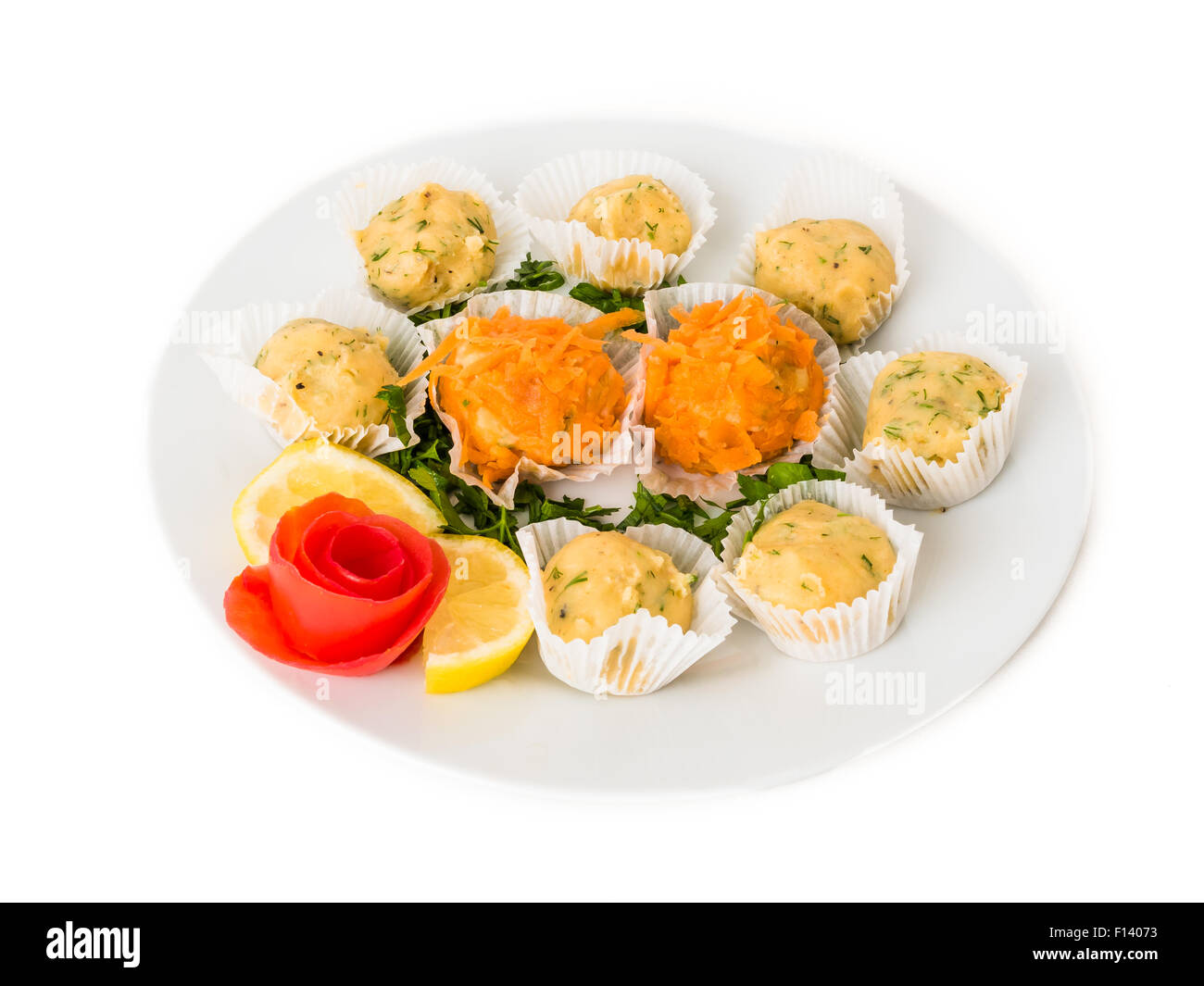 Potato Veggie Balls Mezze Salad Isolated on White Studio Background. Stock Photo