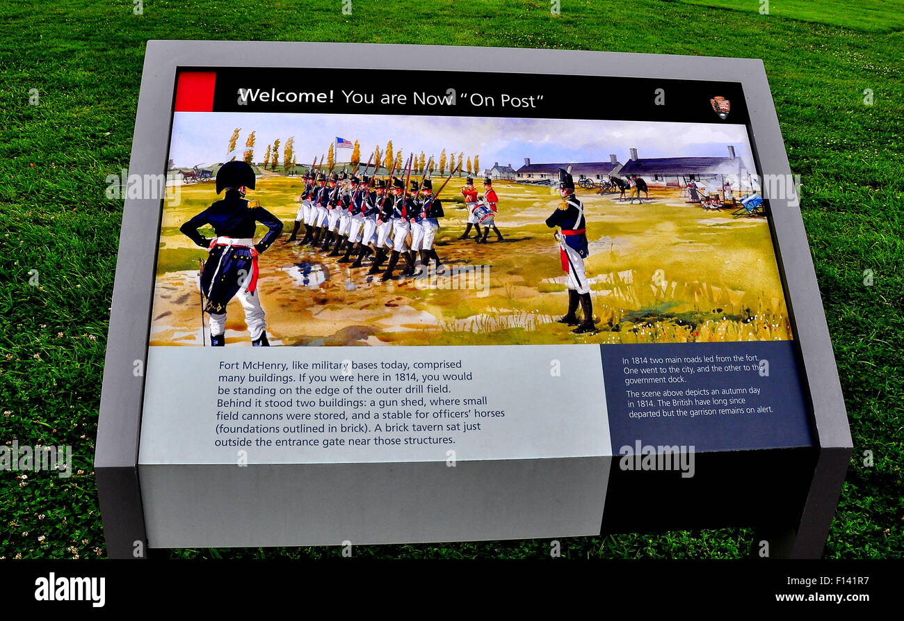 Baltimore,  Maryland:  Information sign with painting introduces visitors to the grounds at historic Fort McHenry Stock Photo