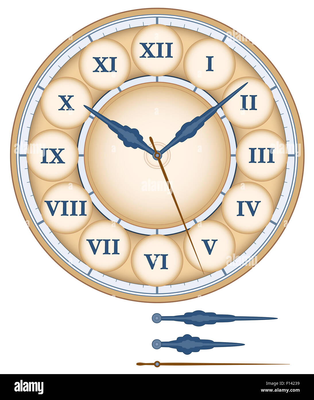 Clock face as part of an analog clock with roman numerals. Illustration on white background. Stock Photo