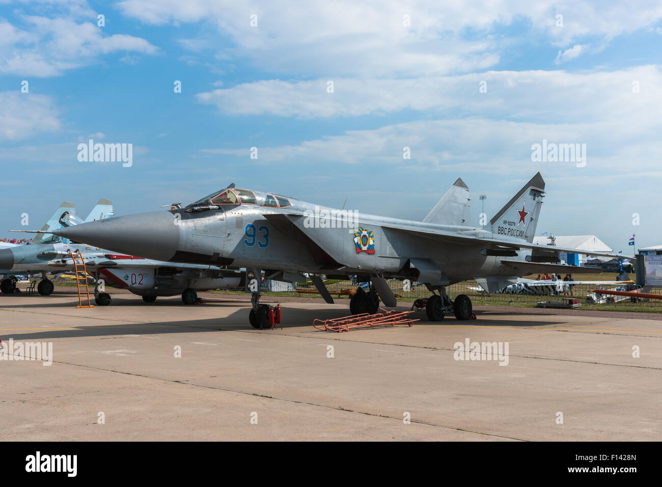 Moscow, Russia. 26th August, 2015. The Twelfth International Moscow Aerospace Show MAKS 2015 was opened in Zhukovsky city in the Moscow Region on August 25, 2015. The aim of the show is to demonstrate Russian aerospace achievements, make contracts and negotiate international projects. Mikoyan MiG-31 (Foxhound) fighter plane at a static display of the air show Credit:  Alex's Pictures/ Alamy Live News Stock Photo