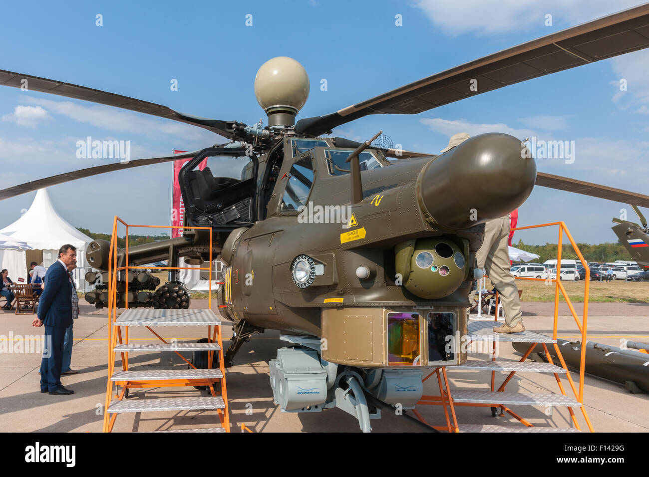 Moscow, Russia, Wednesday, August 26, 2015. The Twelfth International Moscow Aerospace Show MAKS 2015 was opened in Zhukovsky city in the Moscow Region on August 25, 2015. The aim of the show is to demonstrate Russian aerospace achievements, make contracts and negotiate international projects. Mil Mi-28 (Havoc) all-weather, day-night, military, tandem, two-seat anti-armor attack helicopter on display at the air show. Credit:  Alex's Pictures/Alamy Live News Stock Photo