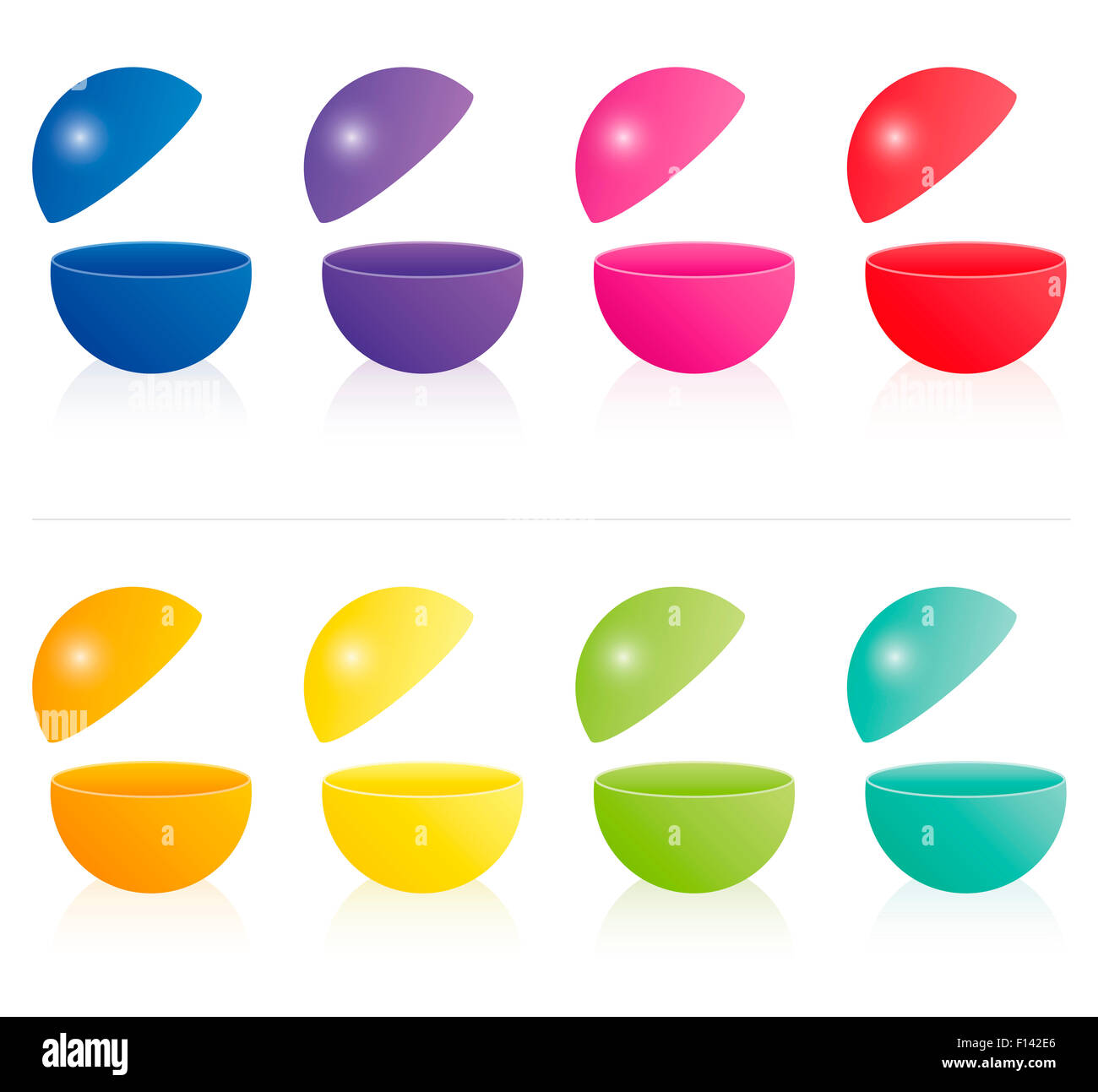Empty hollow open fillable colorful balls. Three-dimensional illustration on white background. Stock Photo