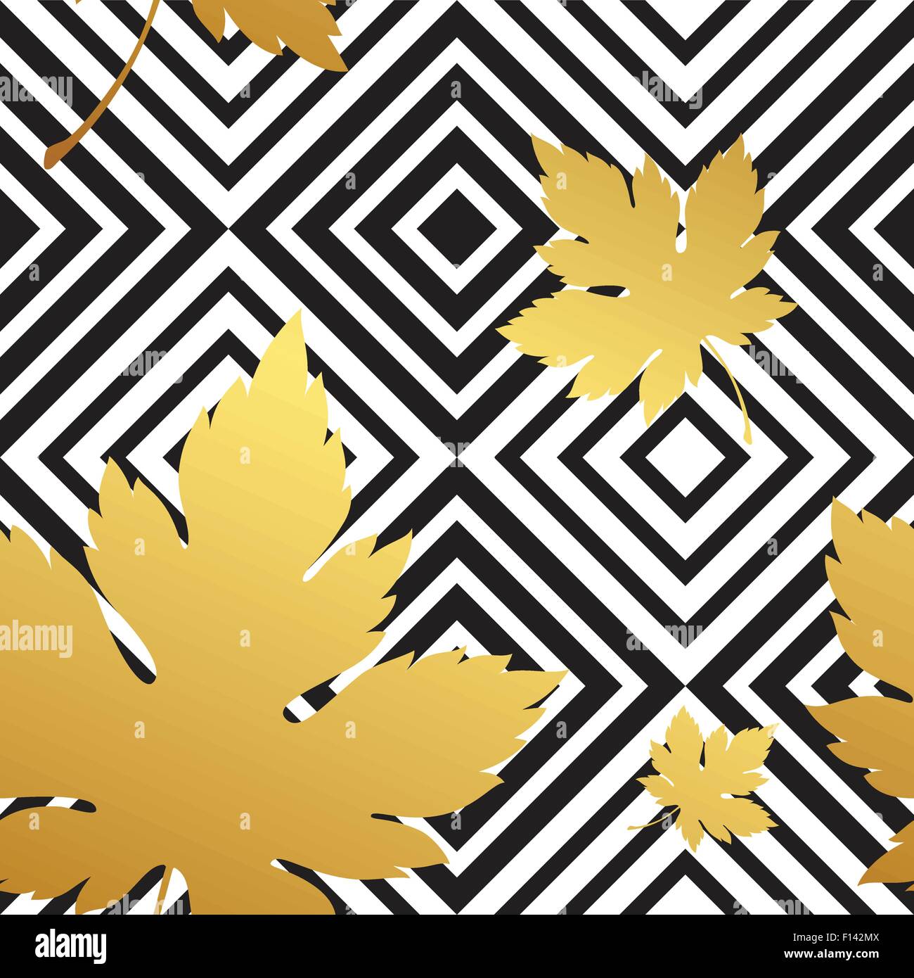 Geometric seamless leaf repeat pattern in black, white and gold. Stock Vector