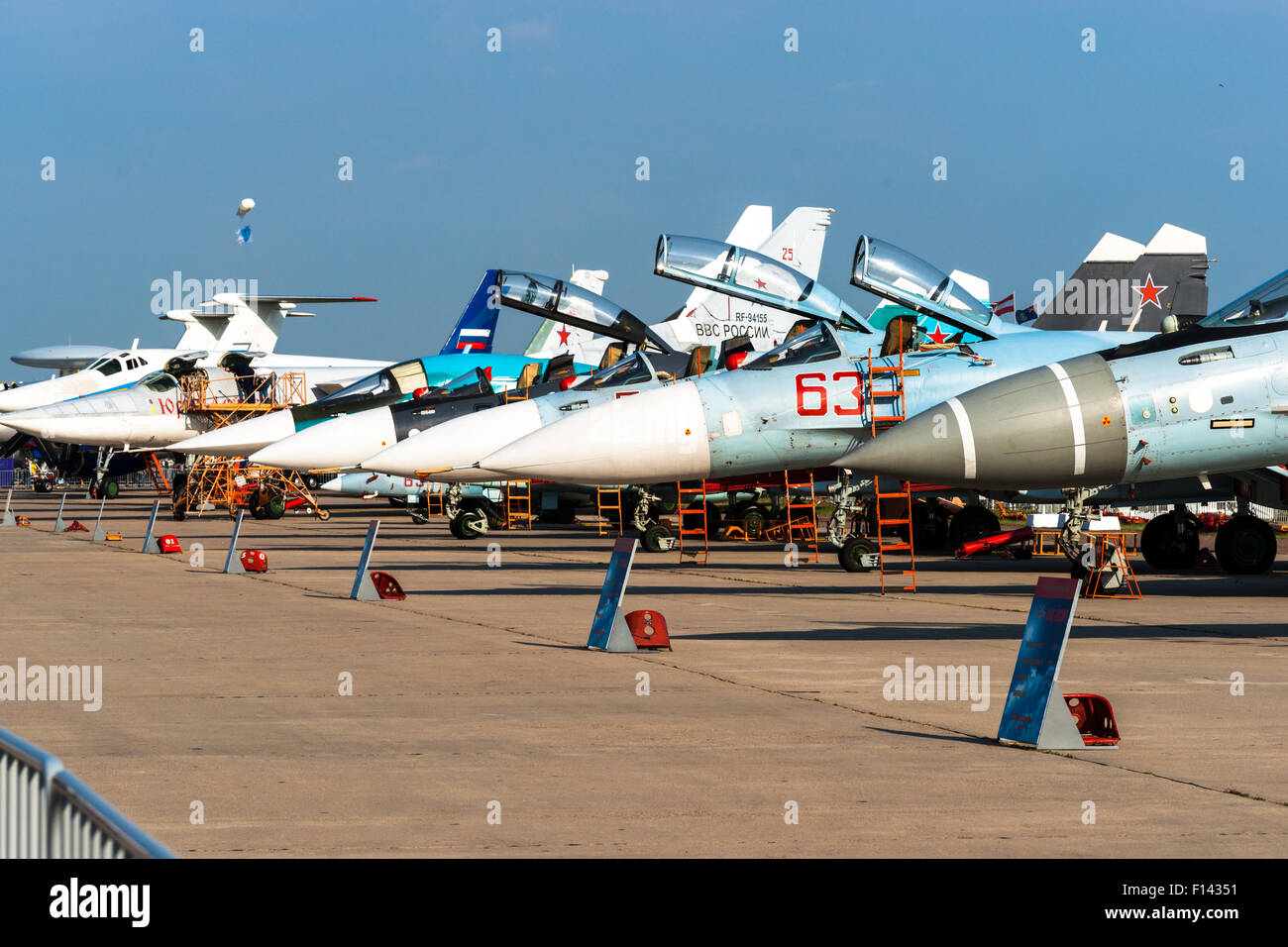 Moscow, Russia, Wednesday, August 26, 2015. The Twelfth International Moscow Aerospace Show MAKS 2015 was opened in Zhukovsky city in the Moscow Region on August 25, 2015. The aim of the show is to demonstrate Russian aerospace achievements, make contracts and negotiate international projects. Sukhoi fighter planes on display at the static exposition of the air show. Credit:  Alex's Pictures/Alamy Live News Stock Photo