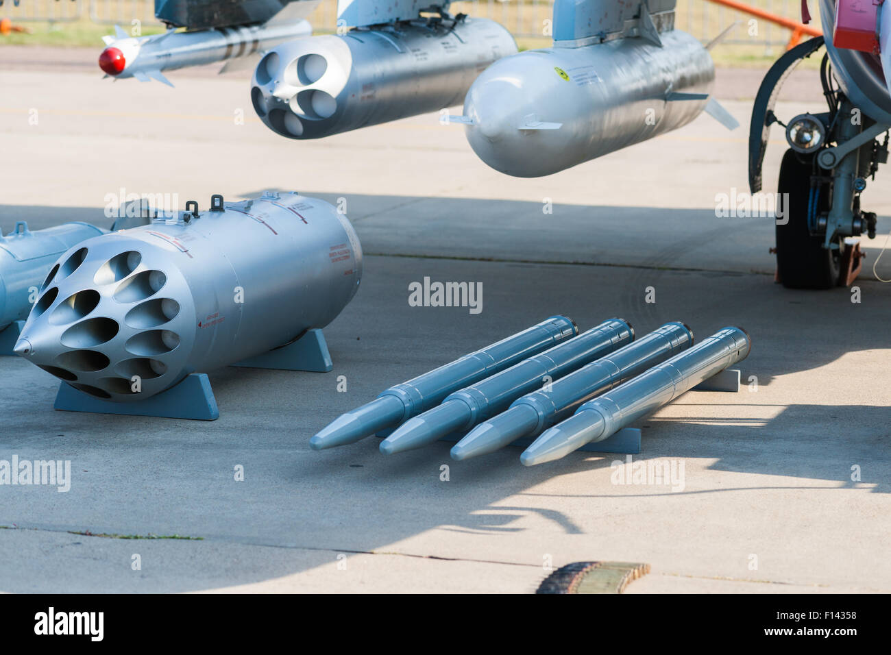Moscow, Russia, Wednesday, August 26, 2015. The Twelfth International Moscow Aerospace Show MAKS 2015 was opened in Zhukovsky city in the Moscow Region on August 25, 2015. The aim of the show is to demonstrate Russian aerospace achievements, make contracts and negotiate international projects. Missiles and ammunition to be used by the military aircraft. Credit:  Alex's pictures/Alamy Live News Stock Photo