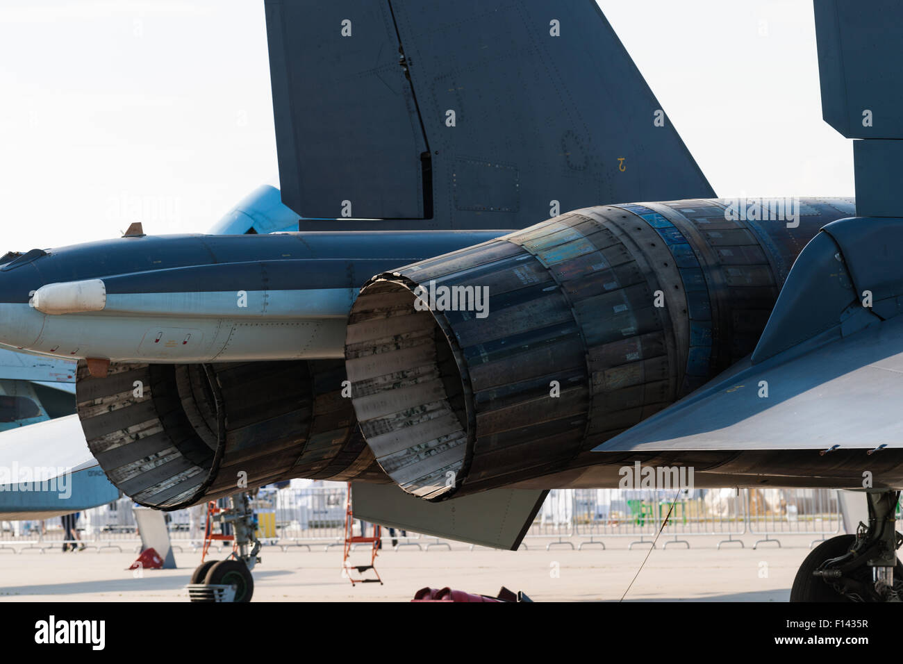 Moscow, Russia, Wednesday, August 26, 2015. The Twelfth International Moscow Aerospace Show MAKS 2015 was opened in Zhukovsky city in the Moscow Region on August 25, 2015. The aim of the show is to demonstrate Russian aerospace achievements, make contracts and negotiate international projects. Motor nozzles of Sukhoi Su-30 (Flanker-C) fighter plane. Credit:  Alex's Pictures/Alamy Live News Stock Photo