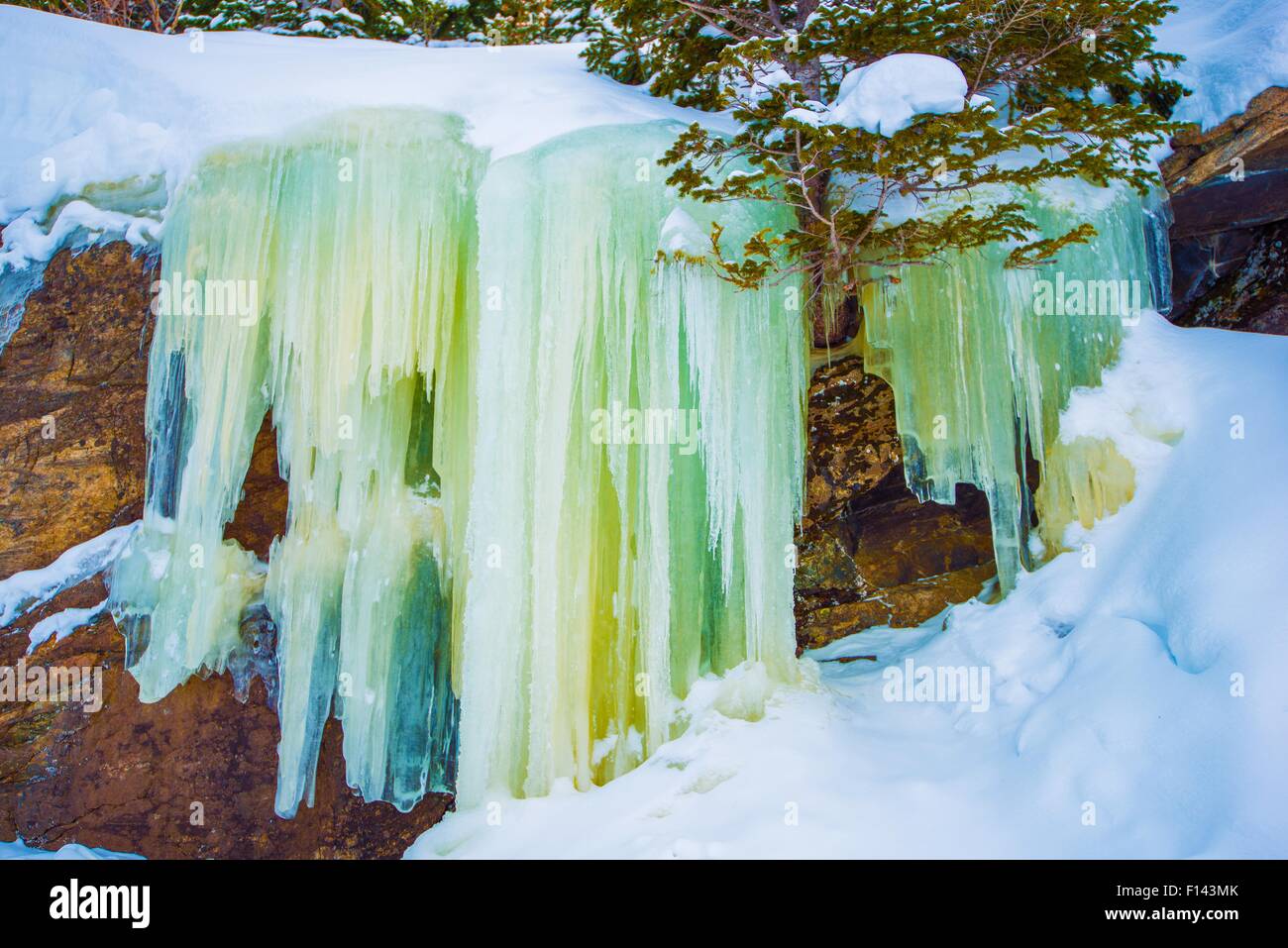 Frozen Waterfall Icicles. Colorado Winter Landscape. Frozen River. Stock Photo