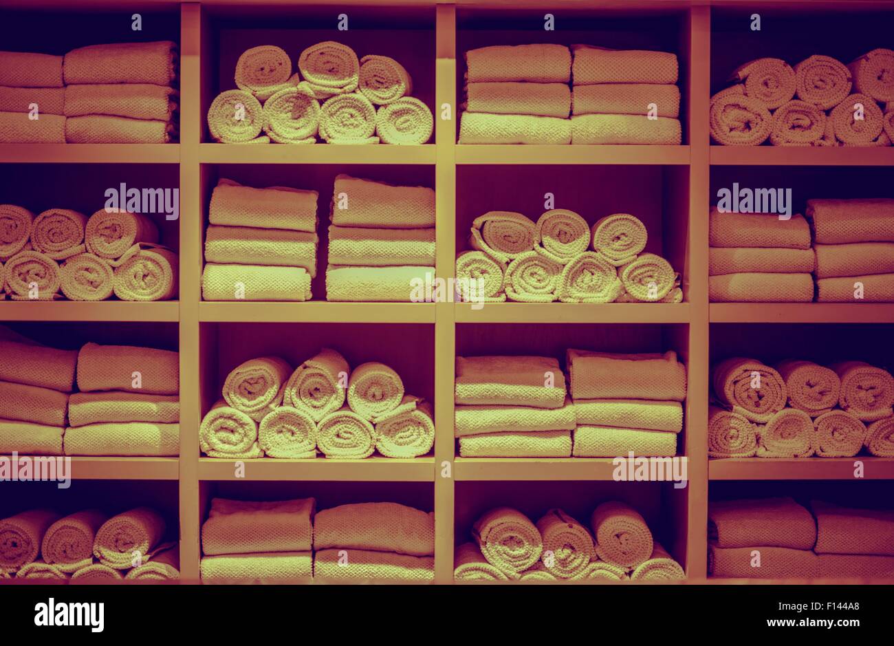 Resort Swimming Pool Towels Wooden Square Rack Closeup. Stock Photo