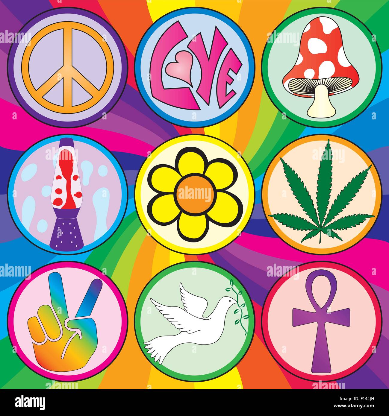 Nine 60s icons on a rainbow background on three layers for easy separation and editing Stock Vector