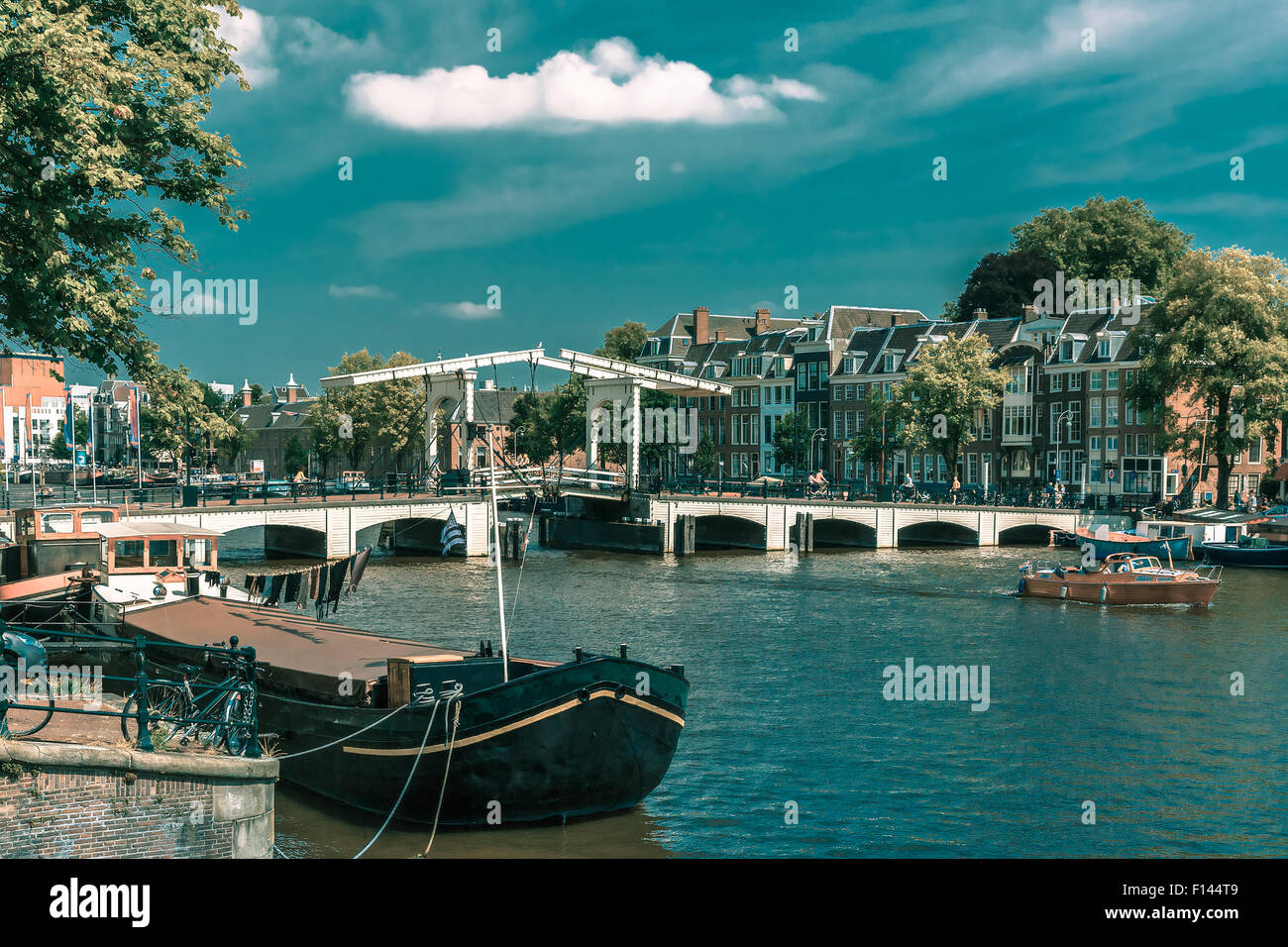 Amstel and bridge Magere Brug, Amsterdam, Holland Stock Photo