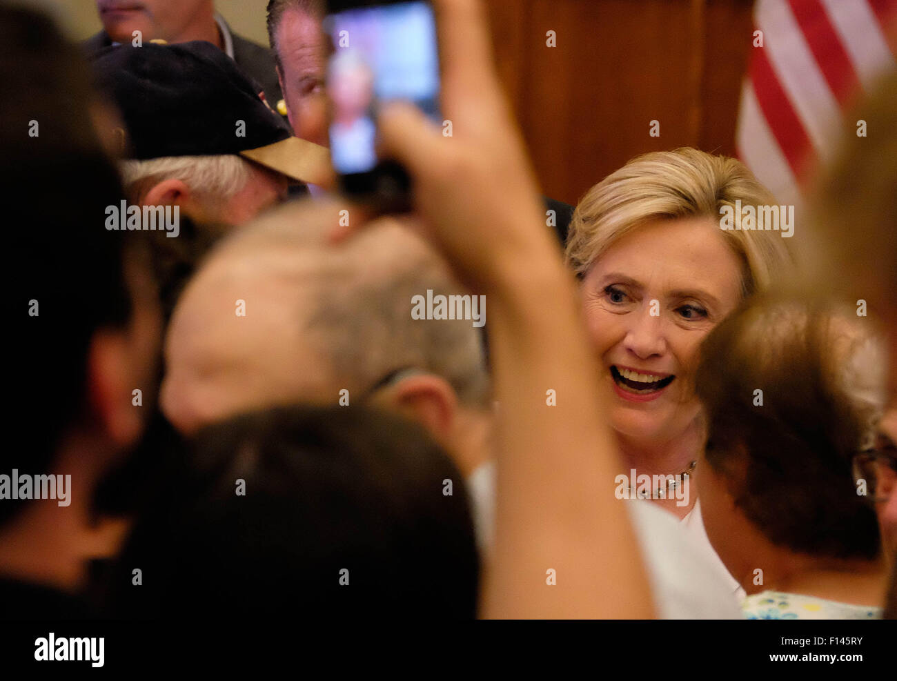 Sioux City, Iowa, USA. 26th August, 2015. Former Sec. of State and Democratic presidential candidate HILLARY CLINTON is almost lost in the crowd as she campaigns at Morningside College in Sioux City, Iowa, Wednesday, Aug. 26, 2015. CLINTON addressed college debt, renewable energy and rural drug addiction. 26th Aug, 2015. Credit:  Jerry Mennenga/ZUMA Wire/Alamy Live News Stock Photo