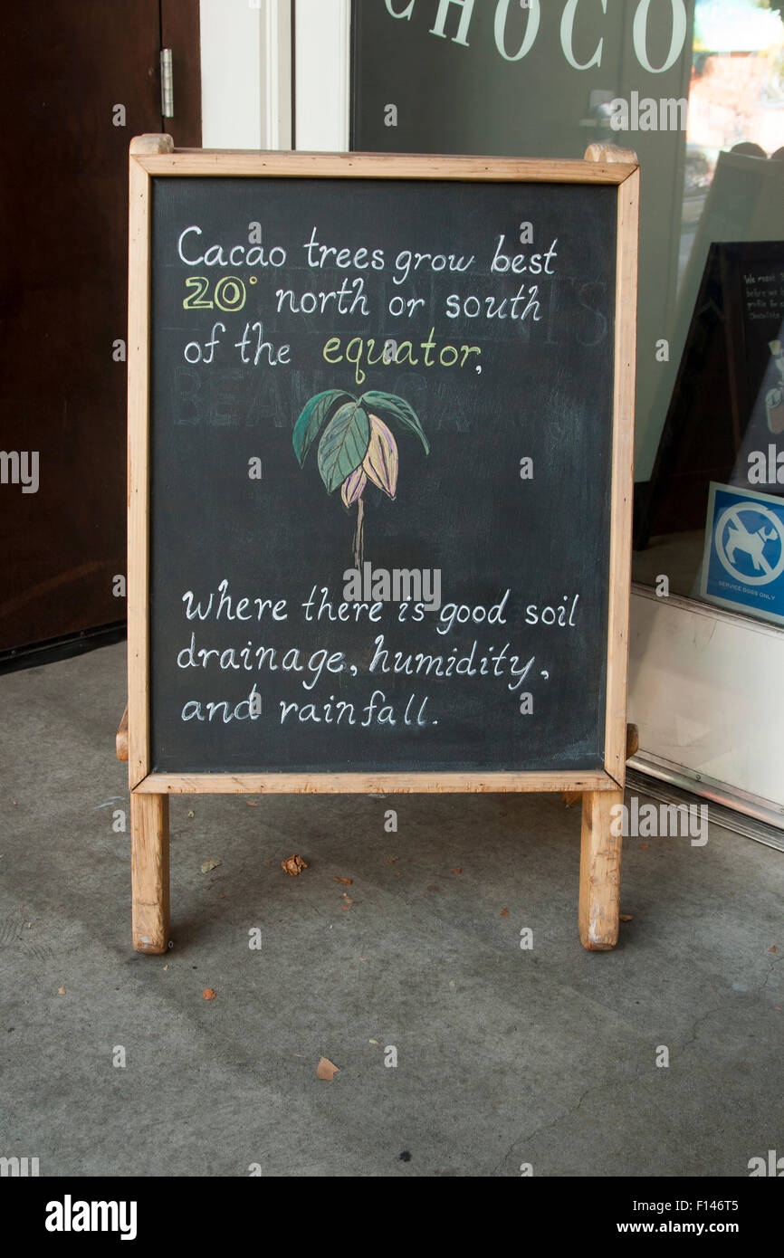 Chalkboard outside of Dandelion Chocolate on Valencia Street in The Mission in San Francisco, California. Stock Photo