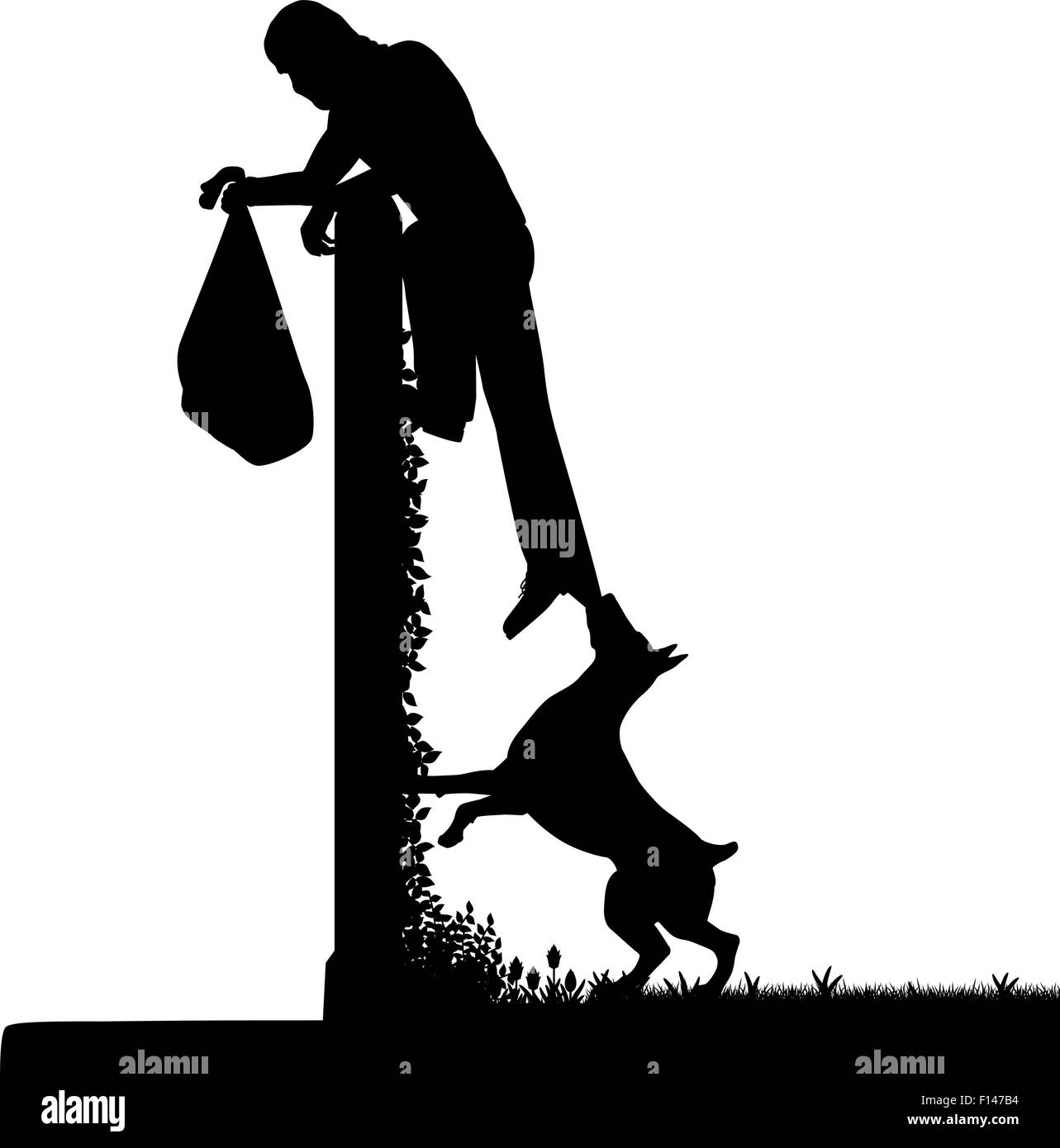 EPS8 editable vector silhouette of a guard dog stopping a thief from escaping over a high garden wall with figures as separate o Stock Vector