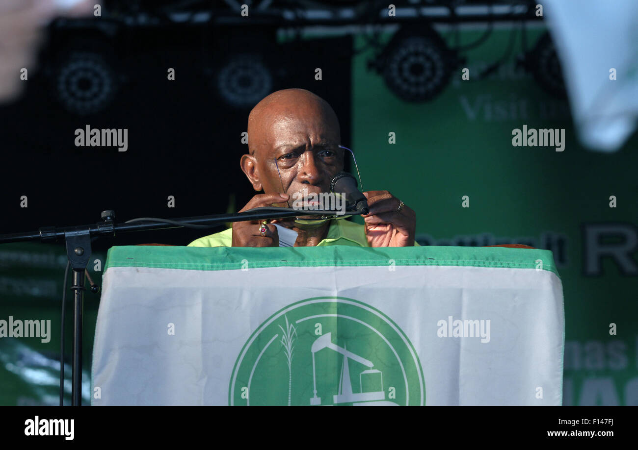 ST JOSEPH, TRINIDAD - AUGUST 25: Austin 'Jack' Warner, Leader of the Independent Liberal Party, speaks at an ILP public meeting in First Capital Park as part of the General Elections campaign on August 25, 2015 in St Joseph, Trinidad.  Mr. Warner is a former FIFA Vice President and a candidate of the ILP to represent the Chaguanas East constituency when elections are held on September 07, 2015.  (Photo by Sean Drakes/Alamy Live News) Stock Photo