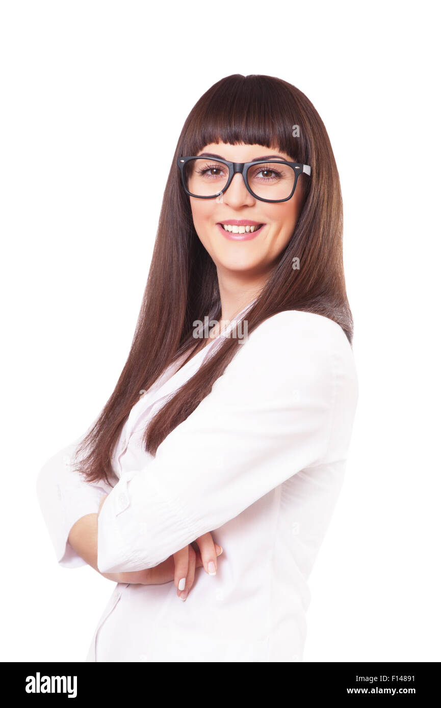 Woman in a white lab coat and glasses, isolated on white background ...