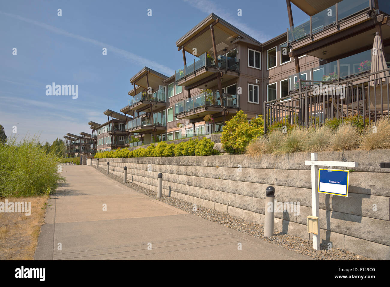 Row of waterfront residential condominiums in Vancouver WA. Stock Photo