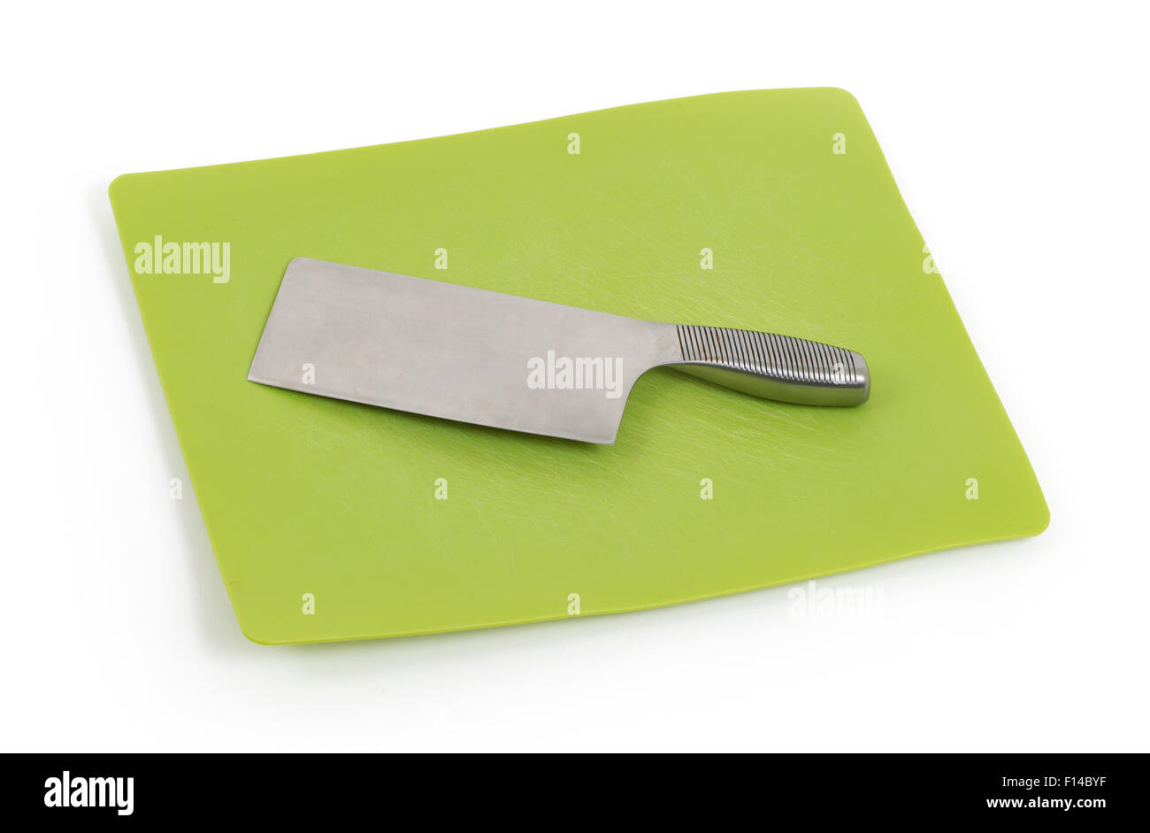 Large modern chef's knife on plastic chopping block Stock Photo Alamy