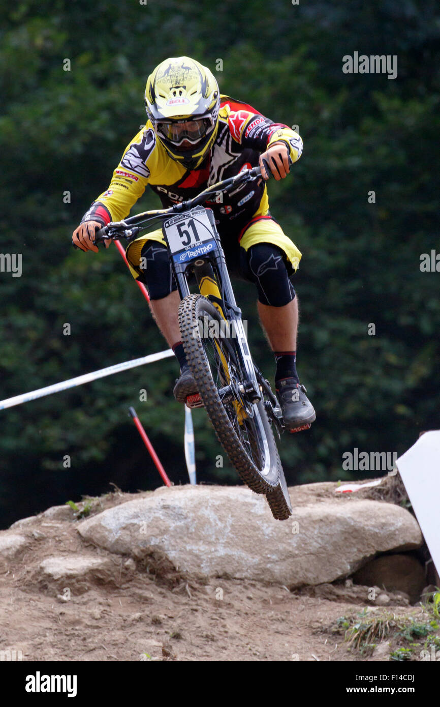 Val Di Sole, Italy - 22 August 2015: Polygon Ur Team, Rider Hannah Michael in action during the mens elite Downhill final World Cup at the Uci Mountain Bike in Val di Sole, Trento, Italy Stock Photo