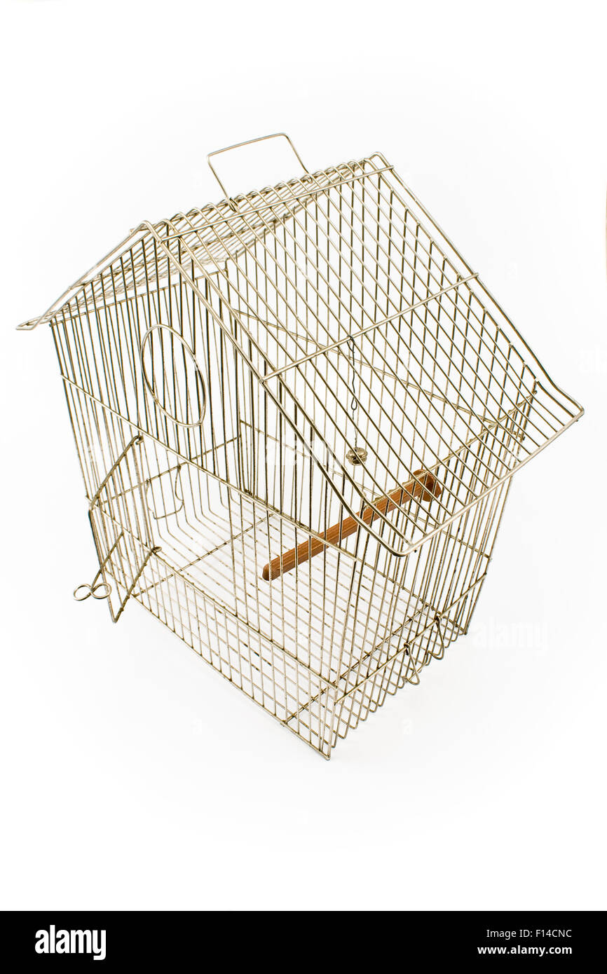 Empty Bird Cage with opened door isolated on white Stock Photo