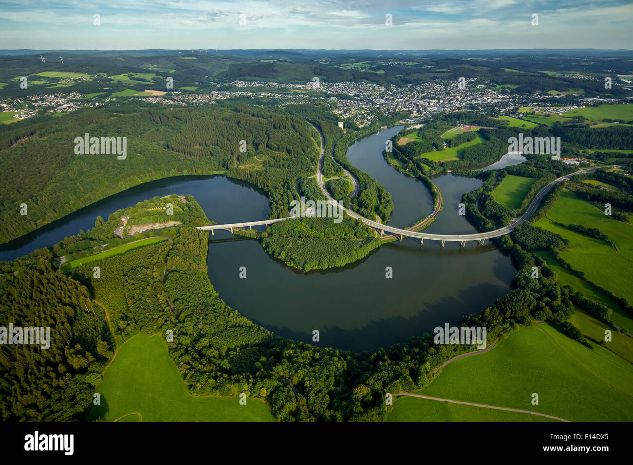 Roads B54 and B55, basin Biggetalsperre in the urban area Olpe, Bigge, Ruhr District, Sauerland, North Rhine-Westphalia, Germany Stock Photo