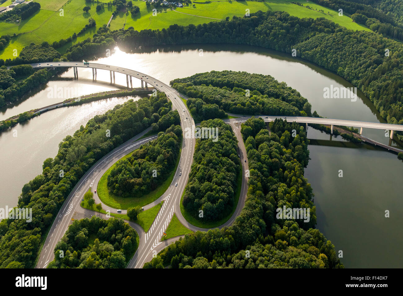 Roads B54 and B55, basin Biggetalsperre in the urban area Olpe, Bigge, Ruhr District, Sauerland, North Rhine-Westphalia, Germany Stock Photo