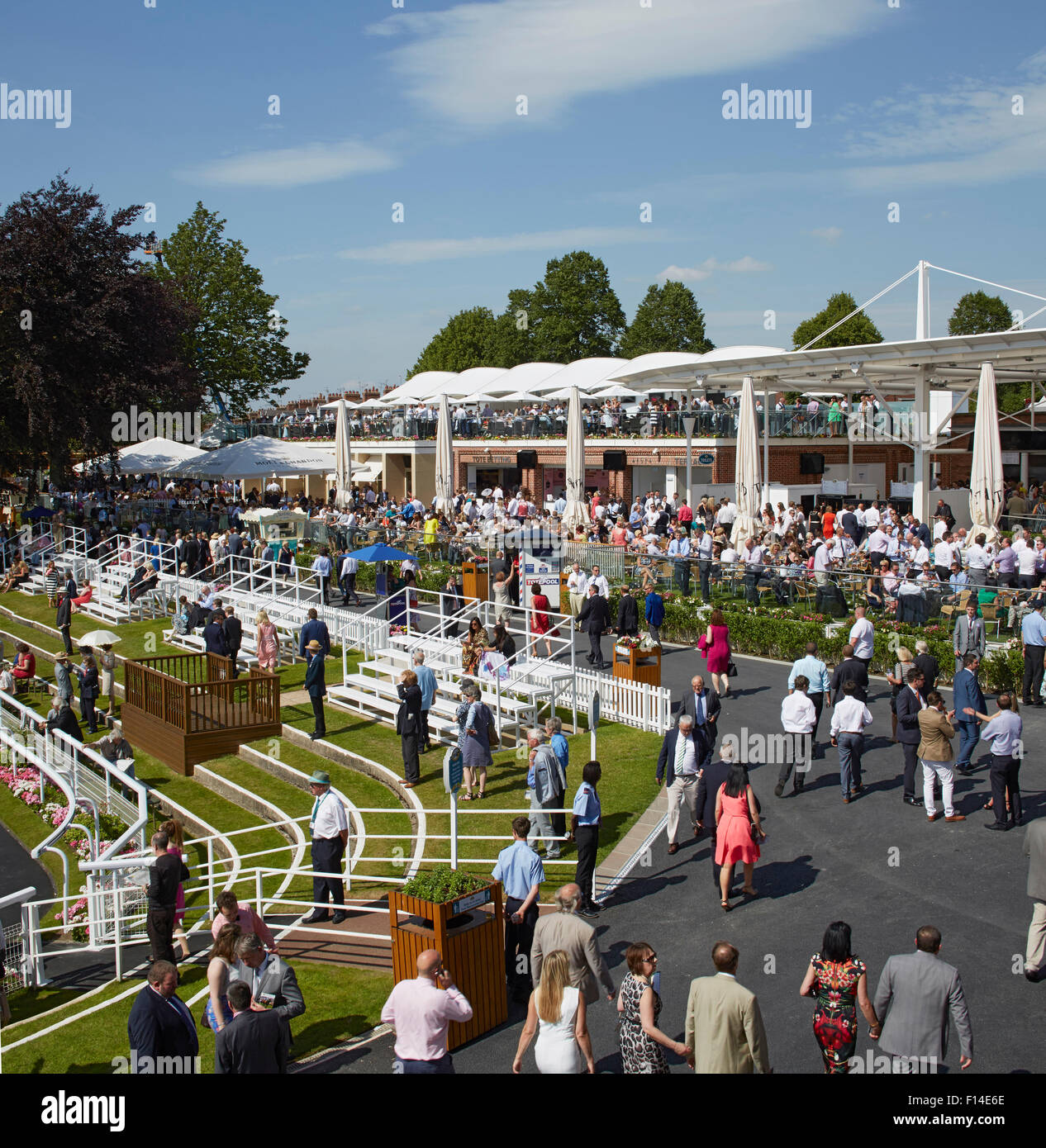 John Carr Terrace with Champagne Lawns and canopy. York Racecourse, York, United Kingdom