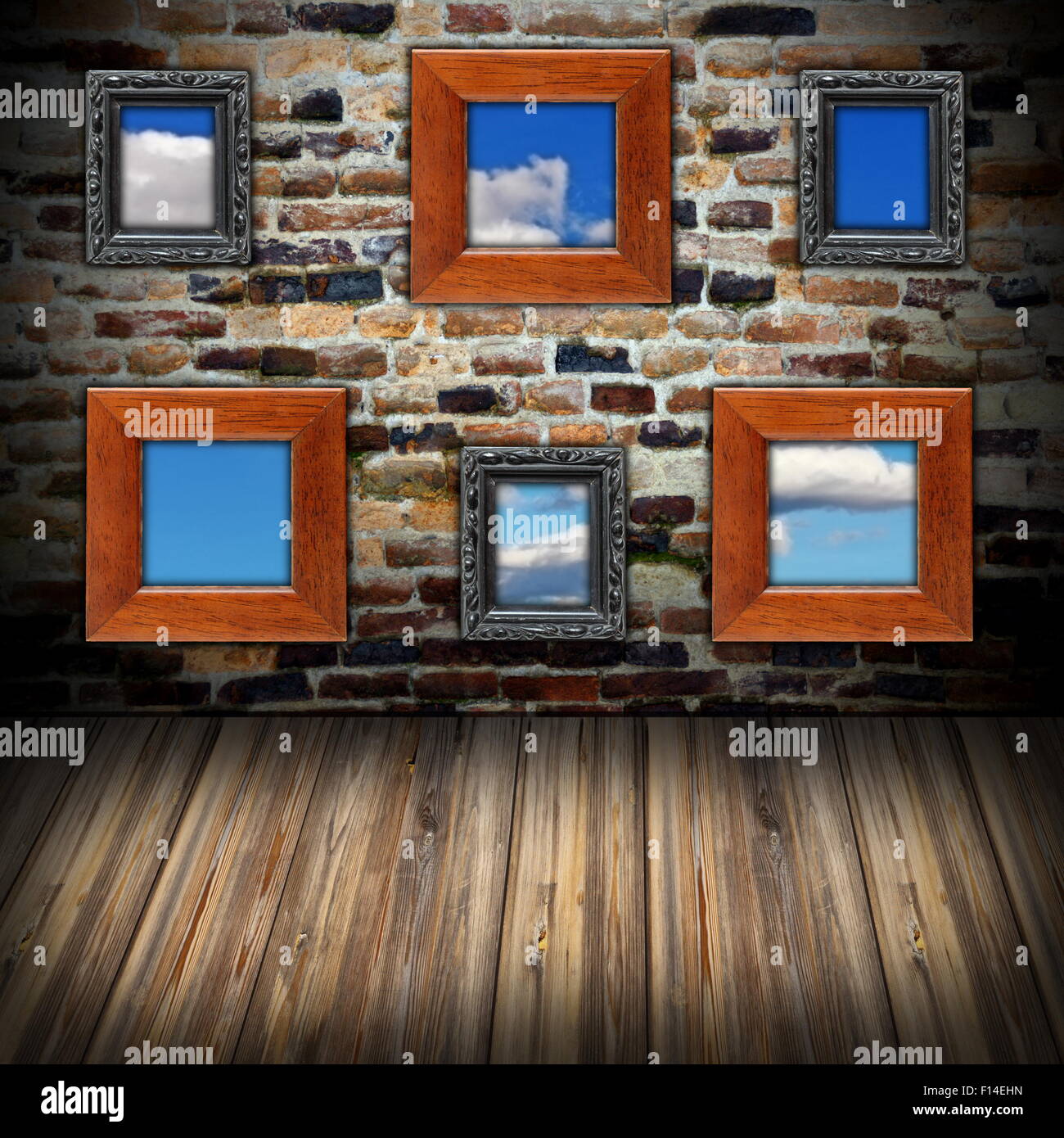 abstract interior backdrop with wooden frames like windows you can see the sky through them