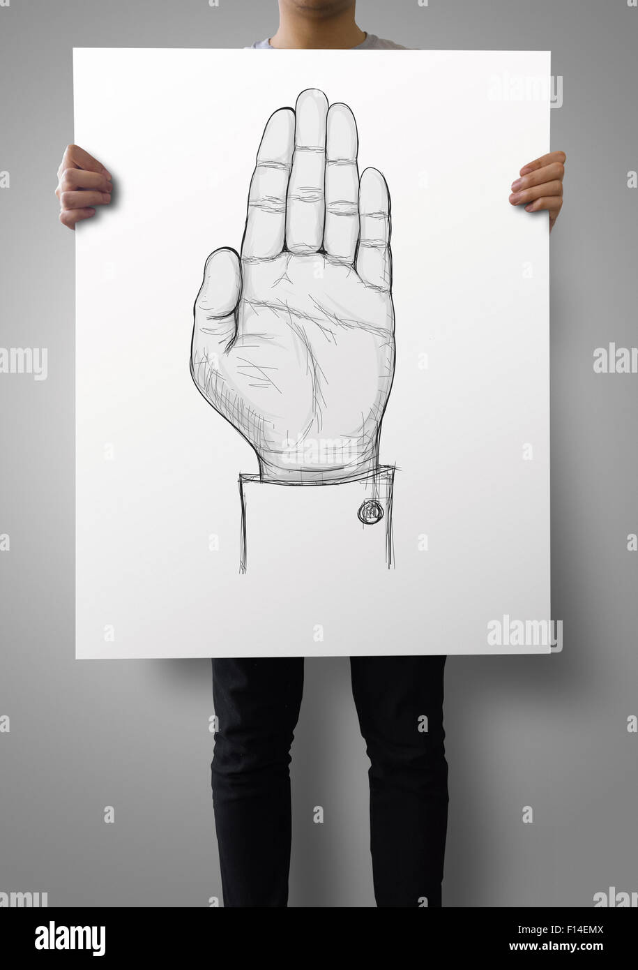 businessman show poster with drawing of Hand raised as concept Stock Photo Alamy