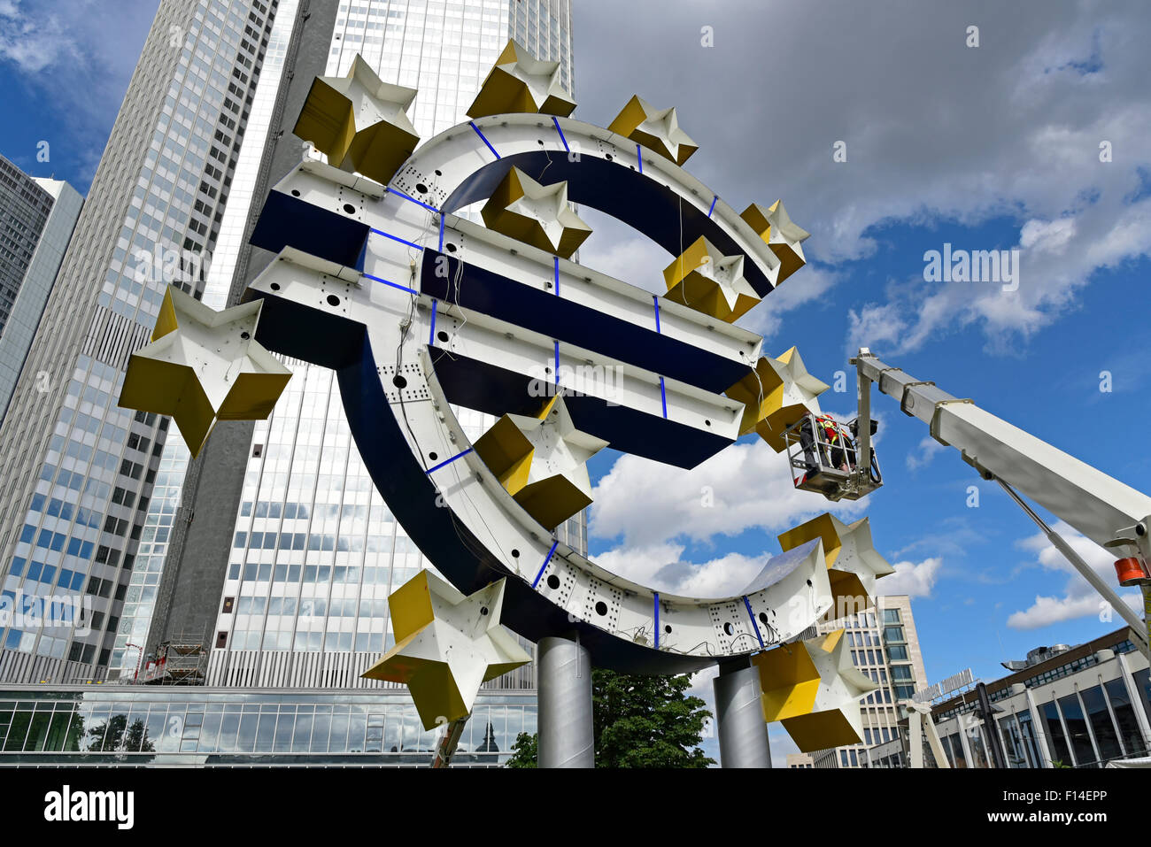 Symbolic image, restructuring the euro, former european Central Bank ECB behind, euro Tower ECB, Frankfurt am Main, Hesse Stock Photo
