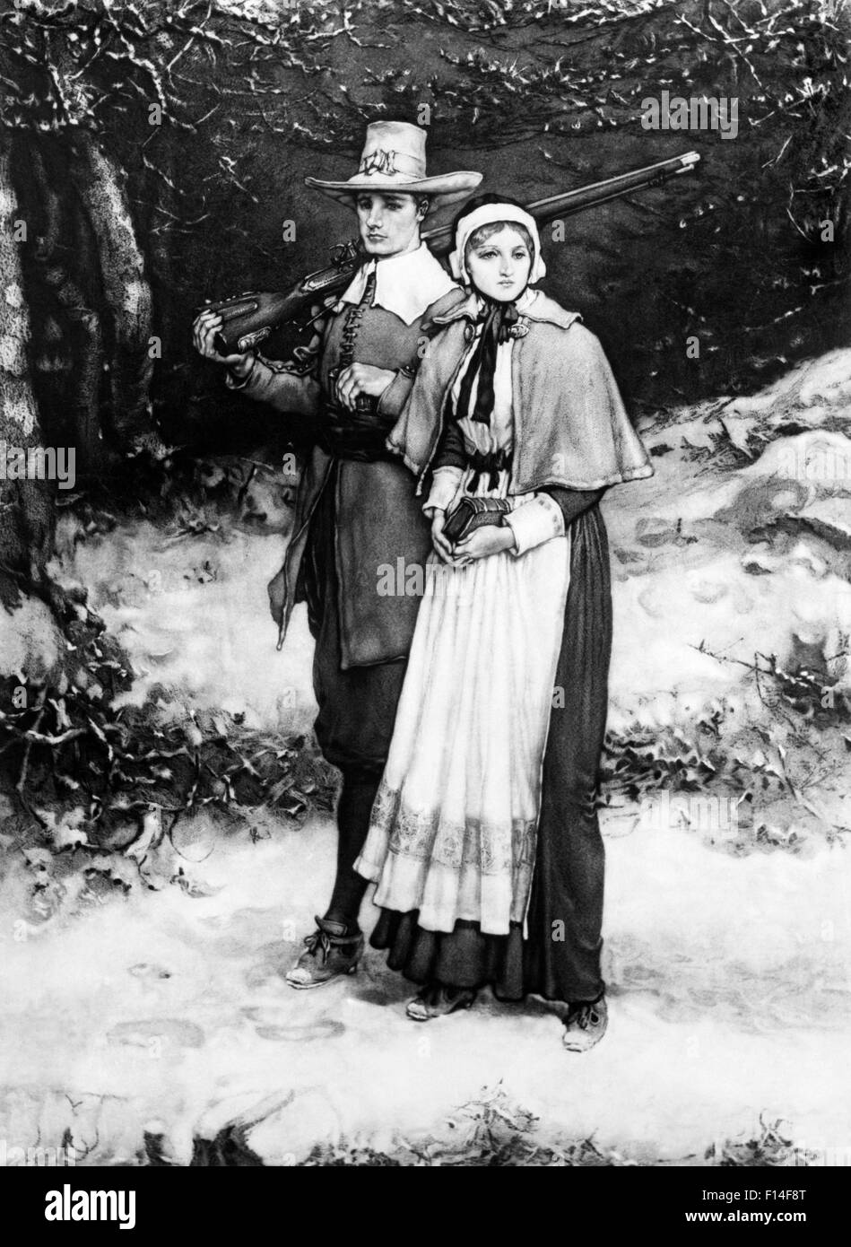 1620s JOHN ALDEN & PRISCILLA MULLINS BY BOUGHTON COLONIAL COUPLE MAN WOMAN PLYMOUTH COLONY MARRIED MAY 12, 1622 Stock Photo