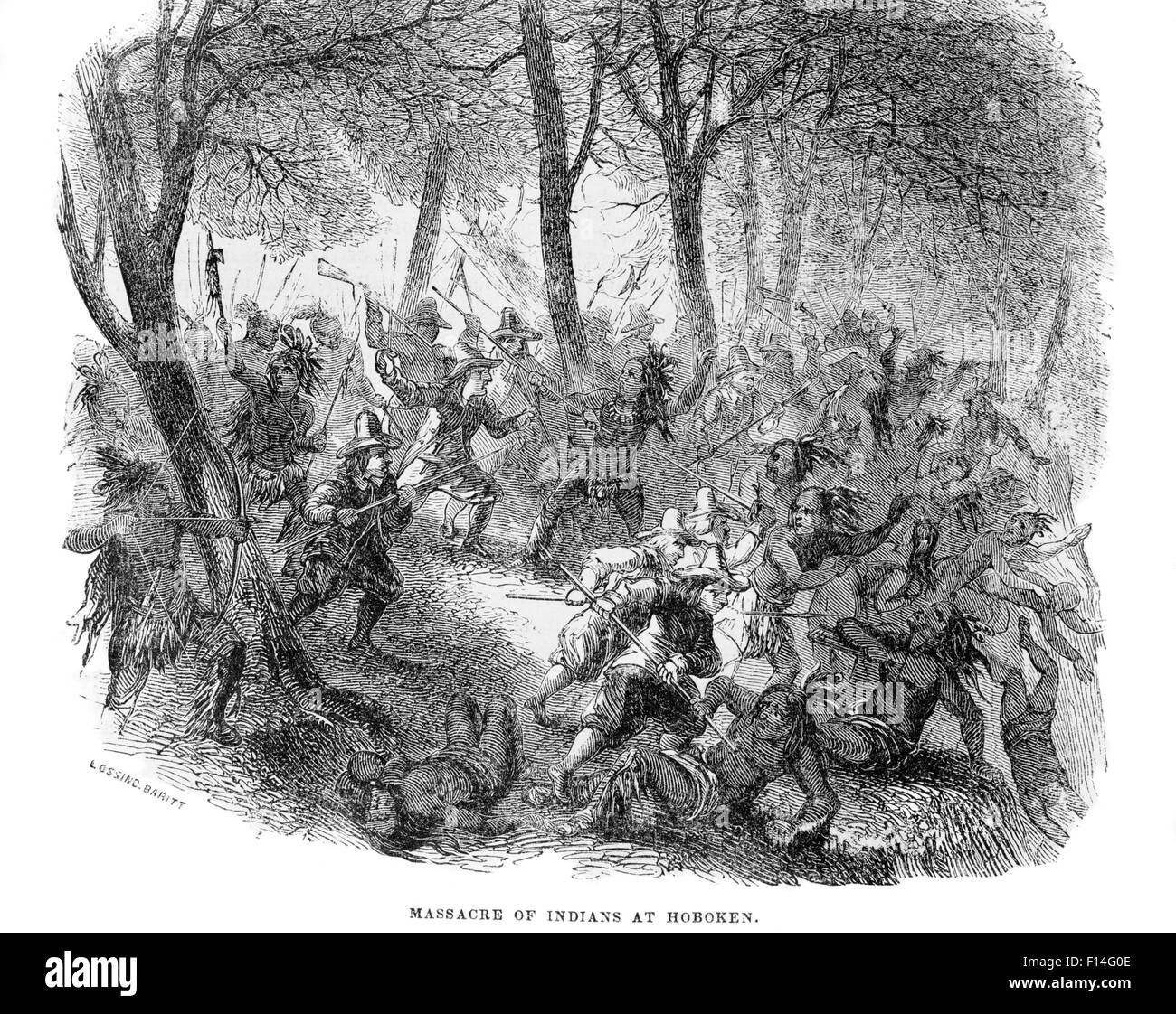 ENGRAVING OF 1643 MASSACRE OF ALGONQUIN INDIANS BY DUTCH MILITIA AT HOBOKEN NEW JERSEY Stock Photo