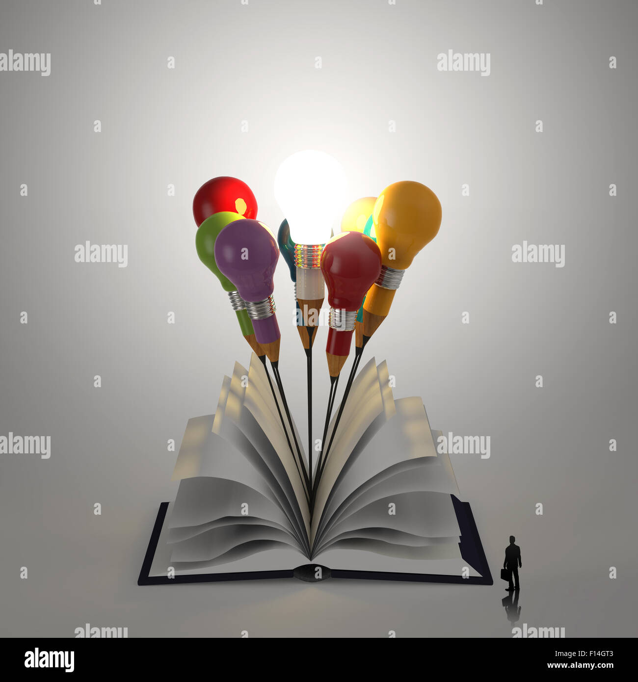 open book with pencil lightbulb 3d and business man as concept Stock ...