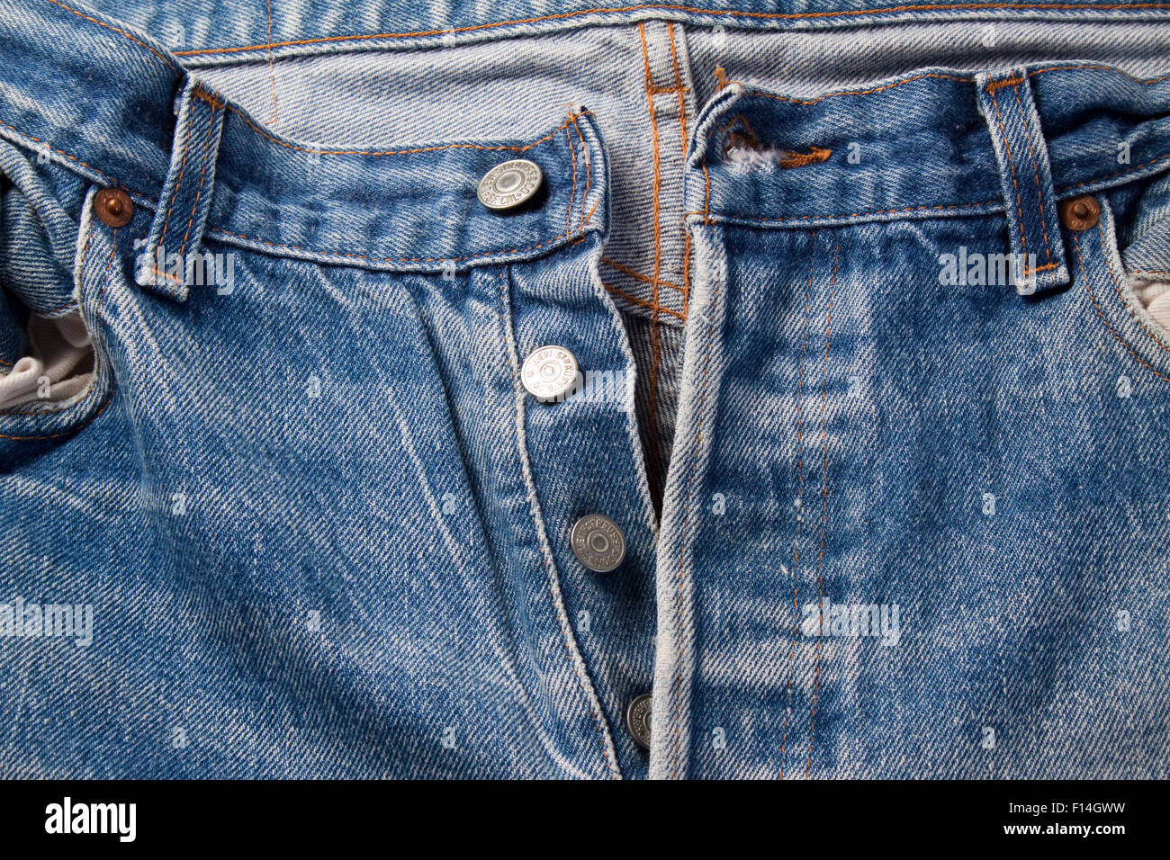 Detail of the button fly on a worn pair of Levi 501 jeans Stock Photo -  Alamy