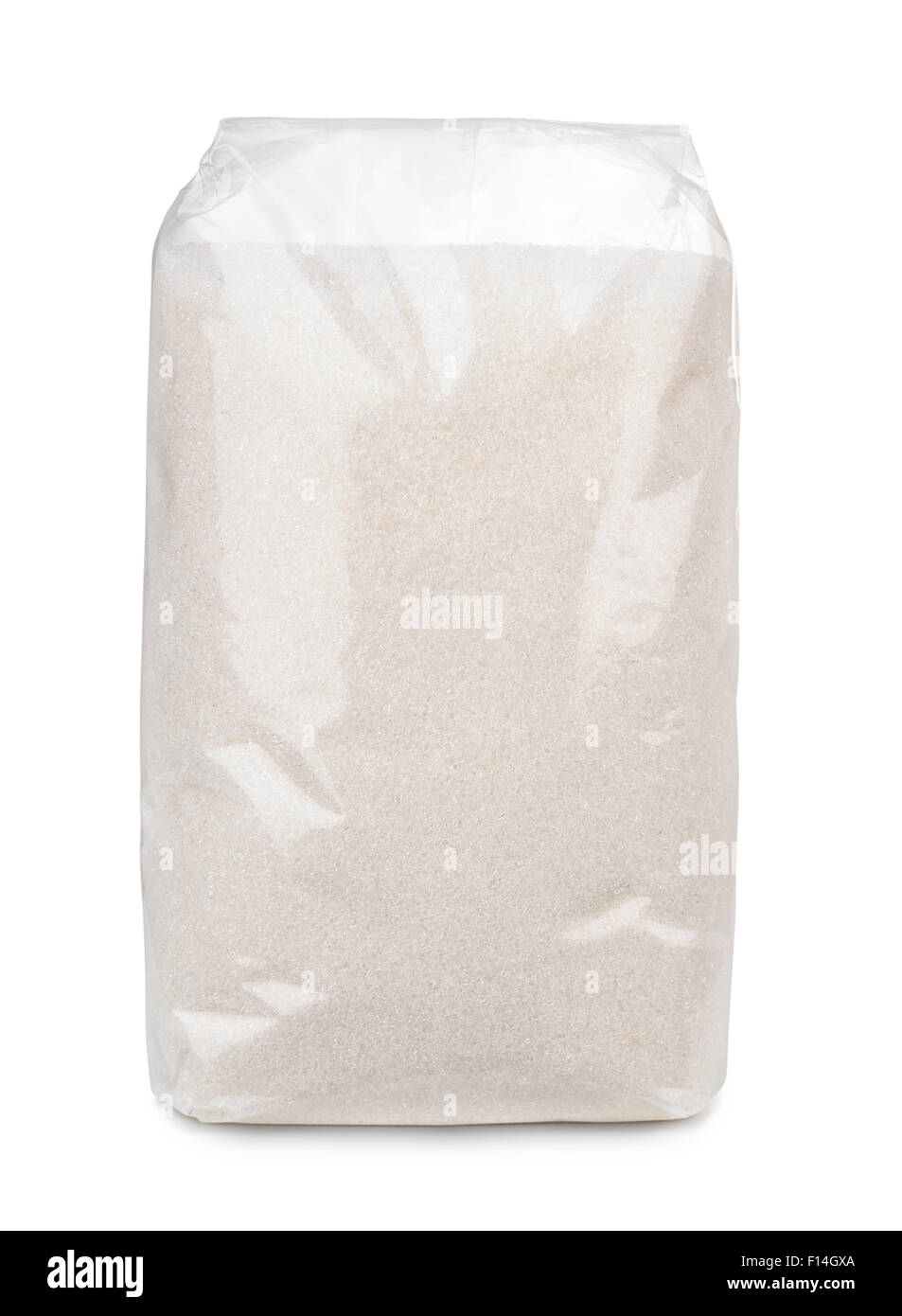 Transparent plastic bag of sugar isolated on white Stock Photo