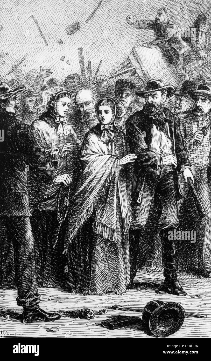 1830s 1840s LUCRETIA MOTT QUAKER ABOLITIONIST FEMINIST BEING HARASSED BY A MOB SHE ON THE ARM OF THE RUFFIAN Stock Photo