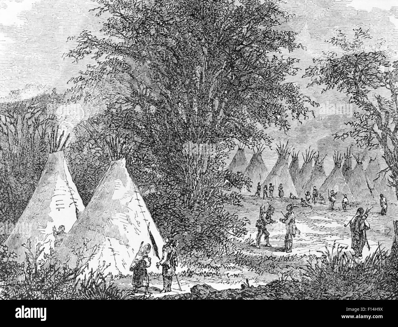 1800s 1870s 1880s TEPEES OF SIOUX INDIAN VILLAGE IN THE LATE 19TH CENTURY ENGRAVING Stock Photo