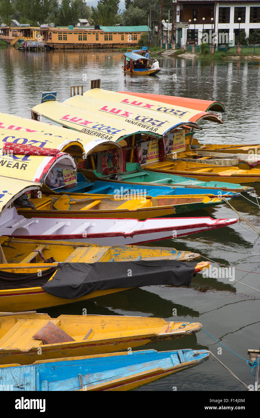 India, Jammu & Kashmir, Srinagar, line of shikara taxi boats moored on Dal Lake Stock Photo
