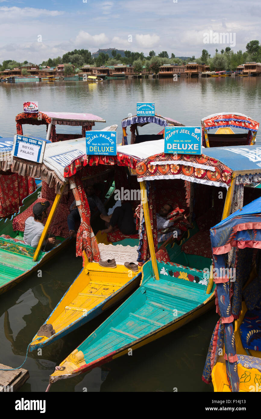 India, Jammu & Kashmir, Srinagar, shikara taxi boats moored on Dal Lake Stock Photo