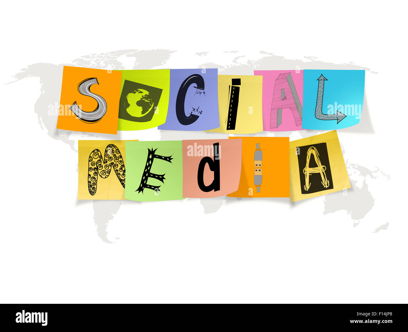 hand drawn social media words on sticky note on world map background Stock Photo